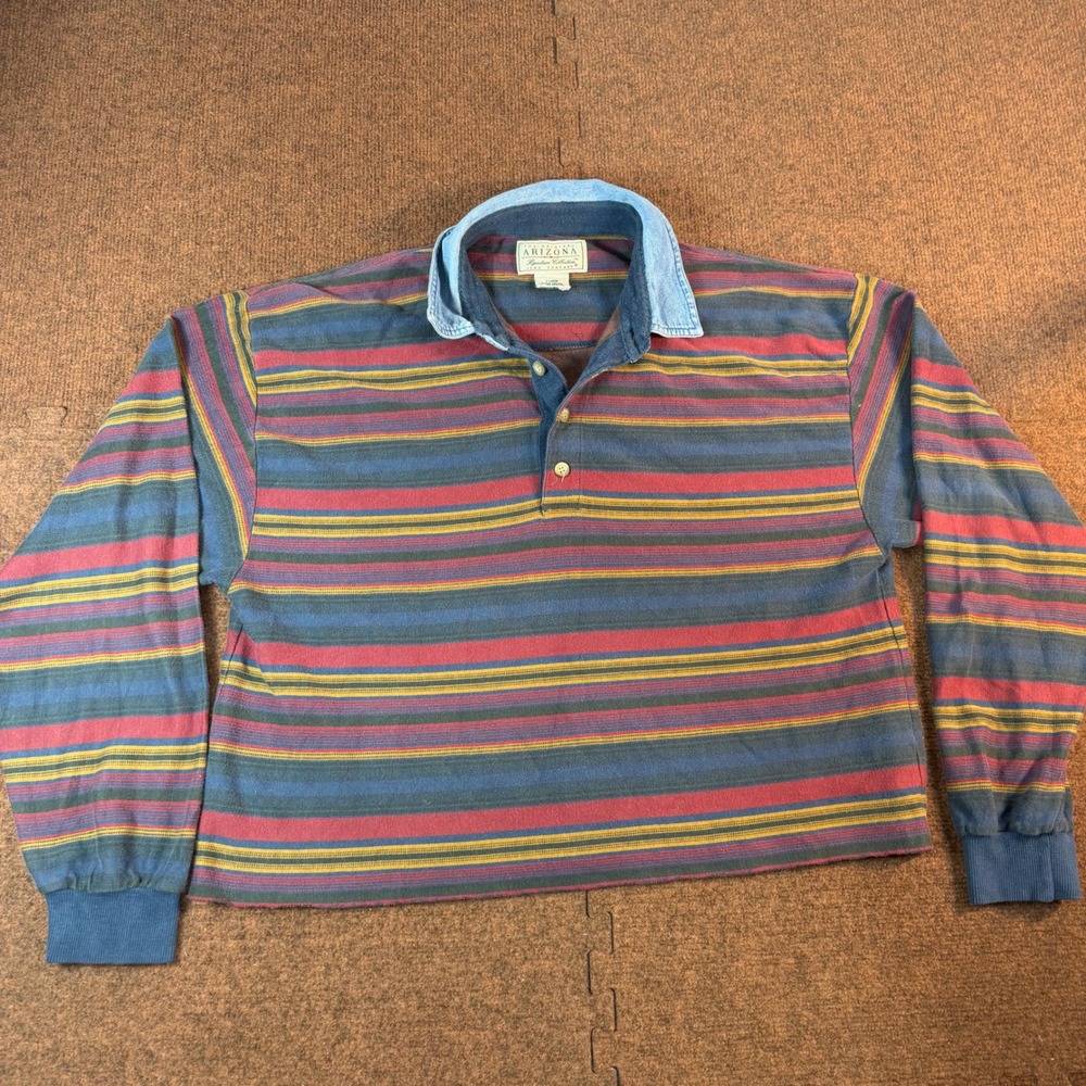 B- Arizona Jean Co Vintage Striped Rugby Shirt Mens XL Denim Collar Cropped 90s
